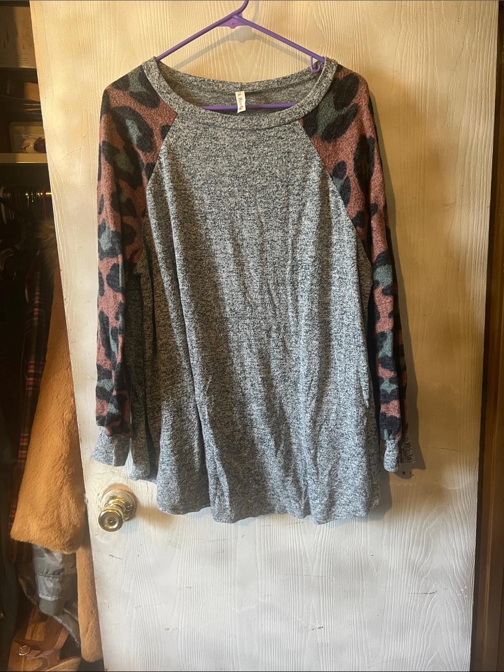 Women's Grey Crewneck Sweater with Pink & Green Camo Raglan Sleeves